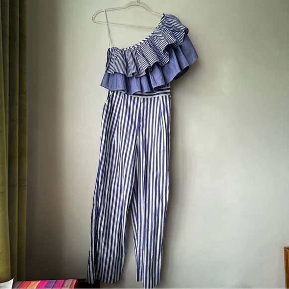 J. Crew One-shoulder Ruffle Jumpsuit in Blue & White Mixed Stripe 0 - Picture 5 of 7